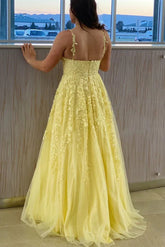 A Line Yellow Long Prom Dresses Lace Formal Evening Dress UK - MyChicDress